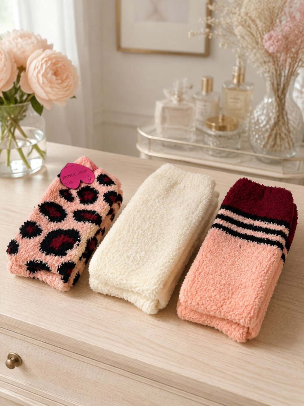 Betsey Johnson Fuzzy Socks 3-Pair Set Leopard Stripe Pink Cream NWT